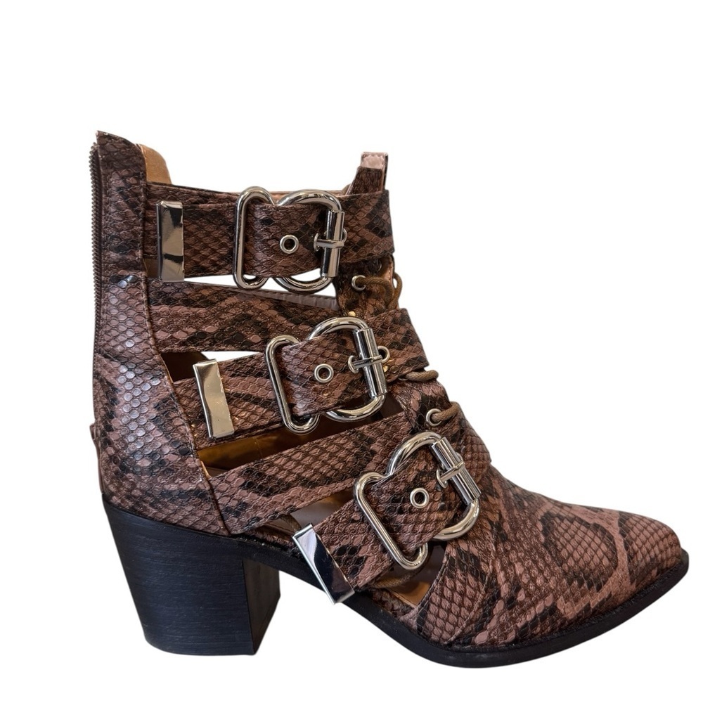Miss Lola Brown Snake Print Heeled Boots